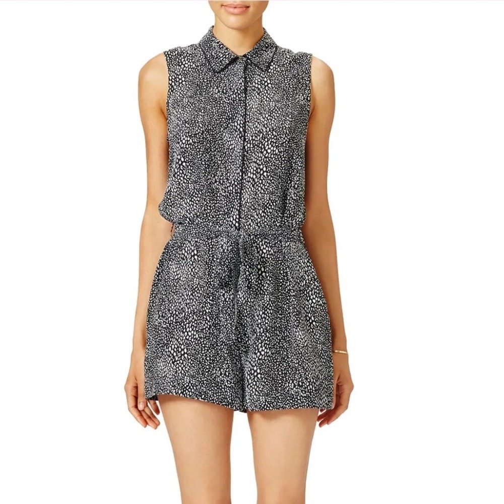 EQUIPMENT Femme Small Earl Romper Black White Pure Silk Sleeveless Belted Shorts
